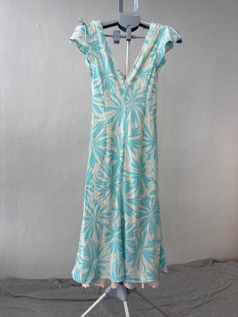 Zara Woman Vintage Y2K Floral Midi Slip Dress Turquoise Blue V Neck Tie